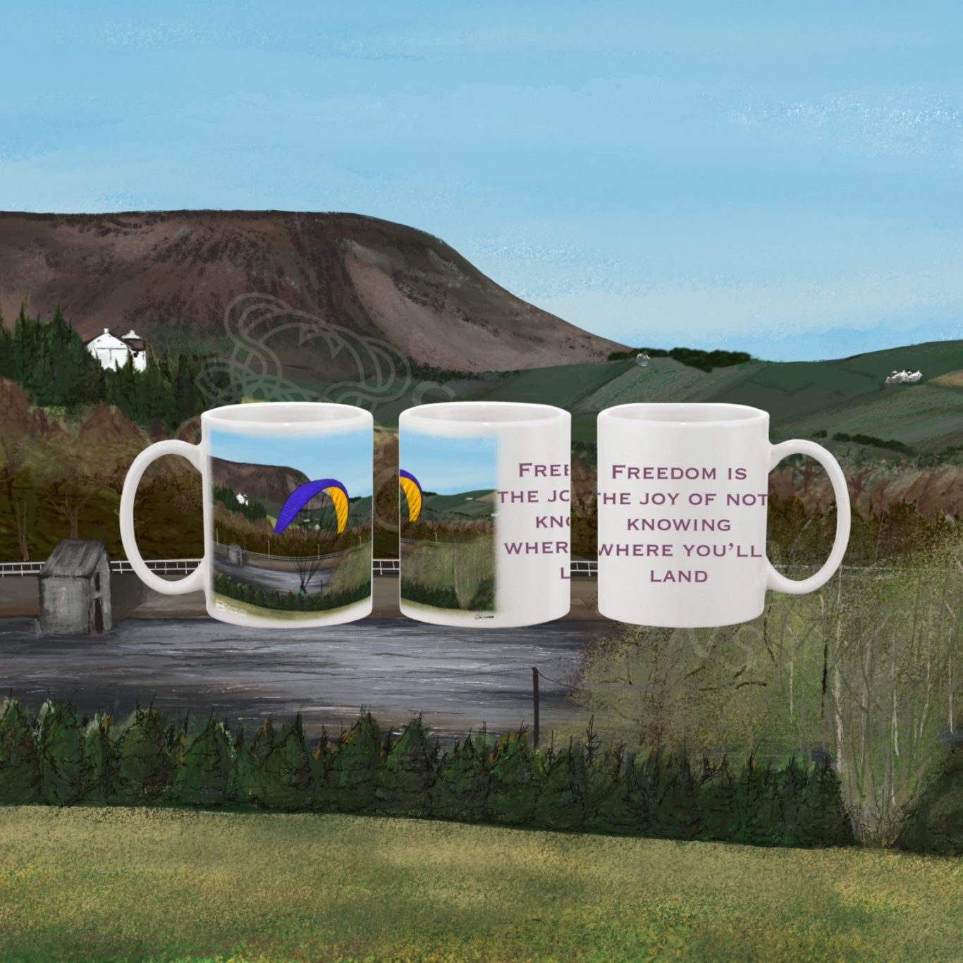 Paragliding Freedom Mug A mug displaying a detailed drawing of Pendle Hill and Paraglider with the quote "Freedom is the joy of not knowing where you'll land"